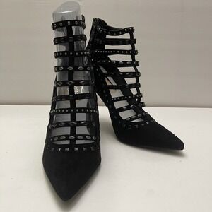 Fergie Aubree Black Stud Straps‎ Suede Pumps Size 8 Zipper Back 4 in Heels NEW